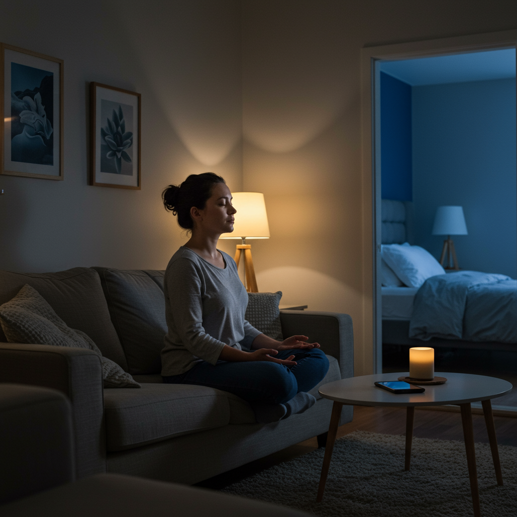 A serene evening wind-down scene showing a person practicing a relaxation technique in a cozy living room. The image depicts someone sitting comfortably on a sofa doing deep breathing exercises, with a smartphone set aside and soft lighting. A bedroom visible in the background shows a cool, dark sleep environment being prepared, illustrating the connection between stress management and sleep preparation for blood sugar regulation.