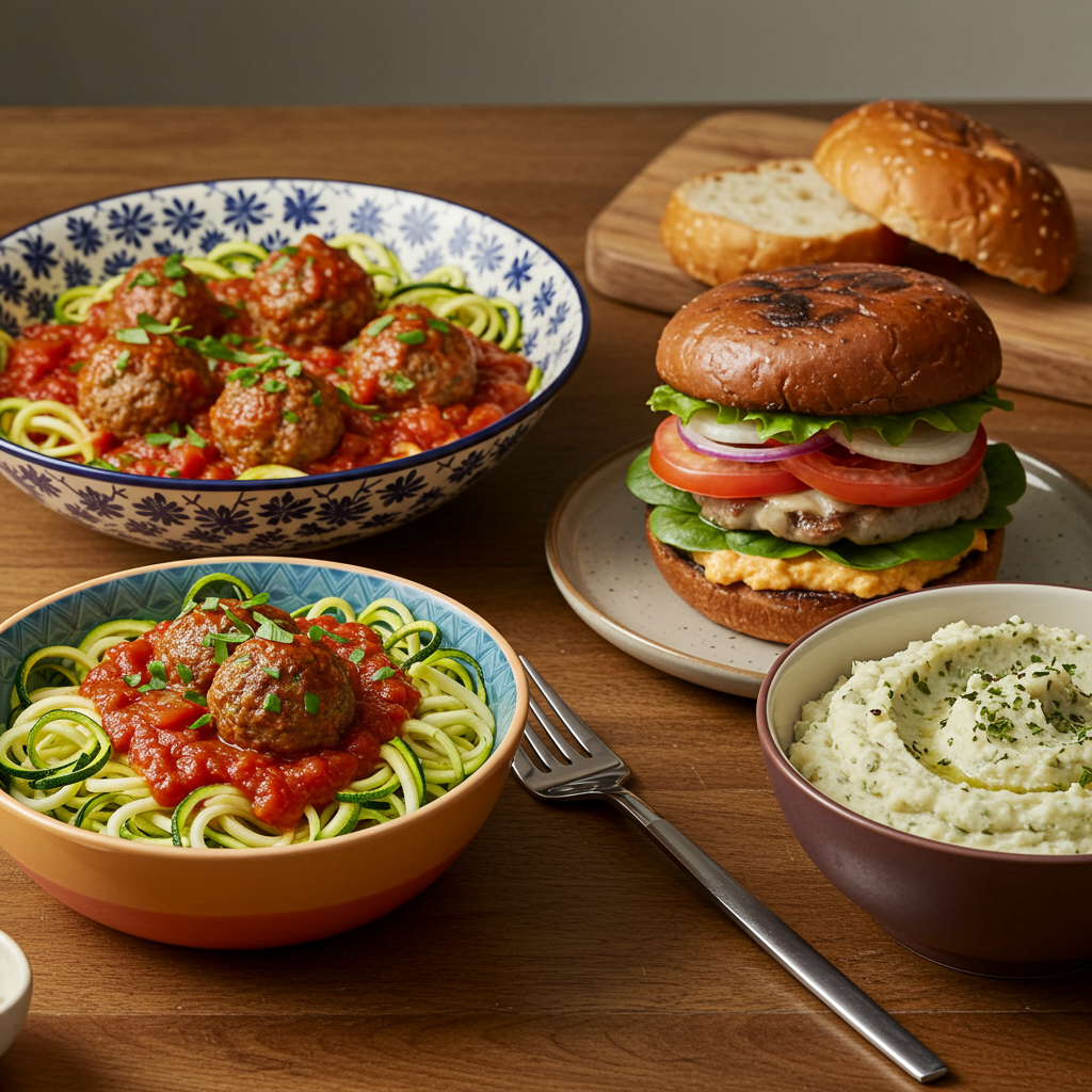 A family-style dinner scene showing several appealing blood sugar-friendly food swaps side by side: a colorful bowl of zucchini noodles with tomato sauce and meatballs next to a portobello mushroom burger with all the toppings, and a creamy bowl of herb-seasoned mashed cauliflower. The food is arranged on a dining table with warm lighting, garnished with fresh herbs, and appears inviting and satisfying rather than restrictive.
