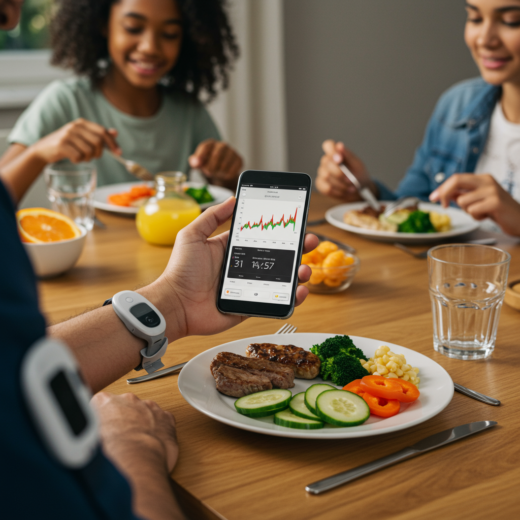 A person having a meal with family at a dining table, wearing a CGM on their arm. They're looking at their smartphone showing a glucose graph while thoughtfully arranging their meal plate - placing vegetables first, proteins second, and a small portion of carbohydrates last. The scene conveys a practical, positive approach to mealtime with soft lighting and a sense of family togetherness rather than restriction.