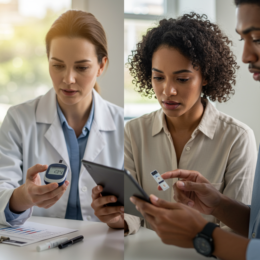 A split-screen image showing two healthcare scenarios: On the left, a healthcare provider in white coat looking at a traditional blood glucose meter with a concerned patient. On the right, a more comprehensive approach with the same provider reviewing multiple test results on a tablet with the patient, who appears more engaged and empowered. The image should have warm, natural lighting and show diverse individuals to represent the contrast between limited and comprehensive monitoring approaches.