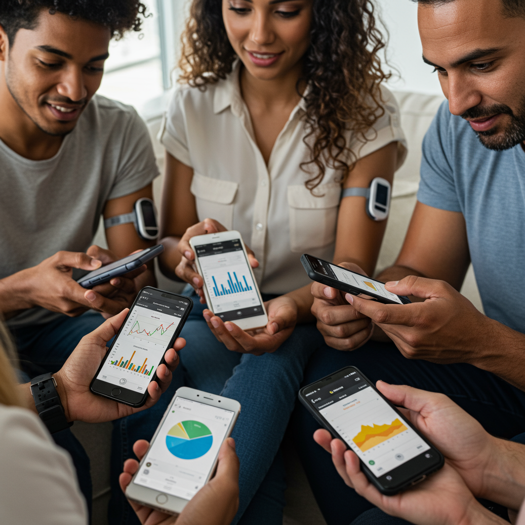 A diverse group of individuals (various ages and ethnicities) looking at their smartphones with CGM devices visible on their arms. They appear engaged and interested while viewing their glucose data on a user-friendly app with colorful graphs showing glucose patterns throughout the day. The setting is a bright, modern living room with natural light streaming through windows.