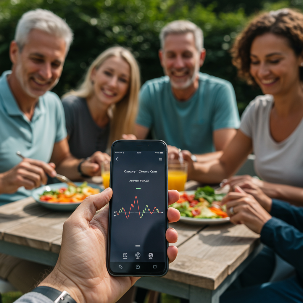 A diverse group of active adults in their 40s-60s enjoying a colorful, nutritious meal together at an outdoor table. One person is glancing at their smartphone displaying a glucose tracking app with gentle curves on the screen. The scene conveys how CGM data can inform personalized food choices while maintaining the joy of social dining experiences.