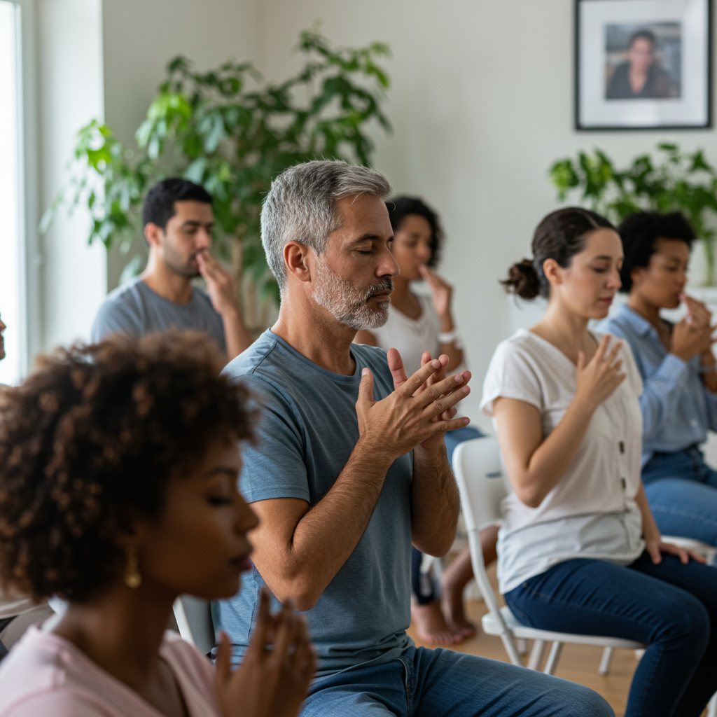 A diverse group of people participating in a stress management workshop for diabetes. The scene shows individuals practicing deep breathing techniques in a bright, plant-filled community room. In the foreground, a middle-aged man with a relaxed expression is demonstrating the 'physiological sighing' breathing technique to others, while a facilitator gently guides the session. Some participants have glucose monitors visible, emphasizing the connection between stress management and diabetes care.