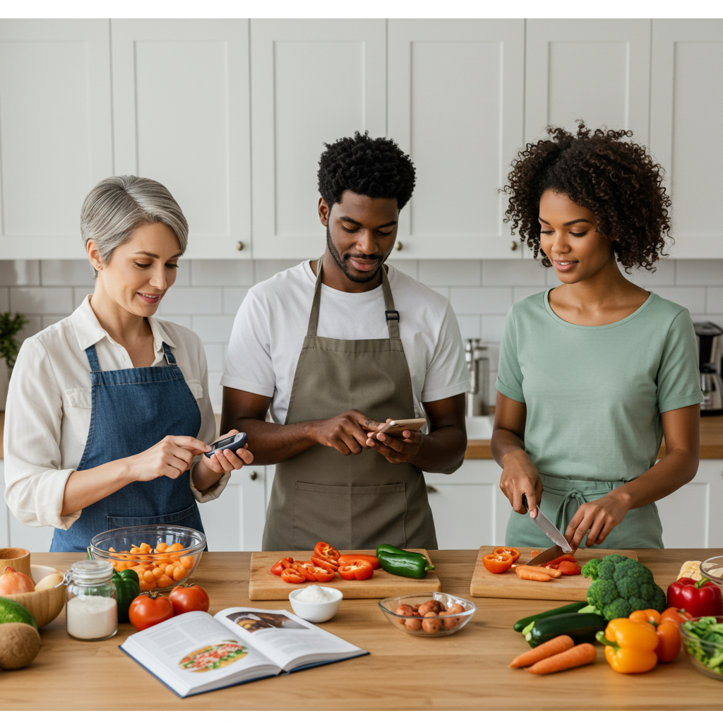 A diverse group of three people (varying in age, gender, and ethnicity) in a kitchen setting, actively preparing healthy meals together. One person is checking a glucose monitor while another is chopping vegetables, and the third is measuring ingredients. The scene conveys the personalization aspect of nutrition, with recipe books open and different food ingredients visible, suggesting that each person is creating their own customized approach to healthy eating.