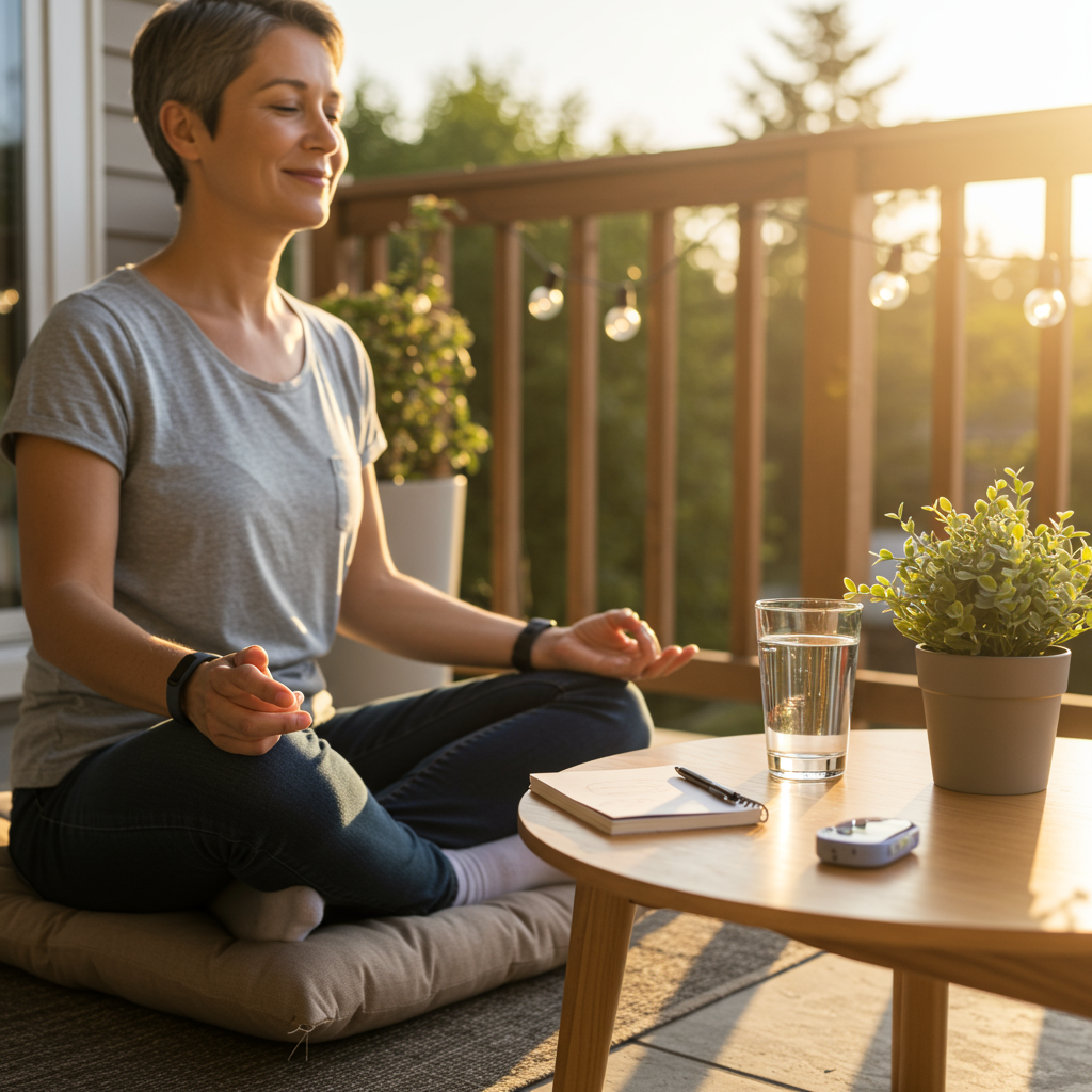 A serene morning scene of a person in their 40s practicing a brief meditation on their patio. They're seated comfortably on a cushion with a gentle smile, wearing casual clothes with a fitness tracker visible on their wrist. A small side table holds a glass of water, a journal for tracking both stress levels and glucose readings, and a potted plant. The warm sunrise light creates a peaceful atmosphere, illustrating how accessible stress management can be in everyday life.