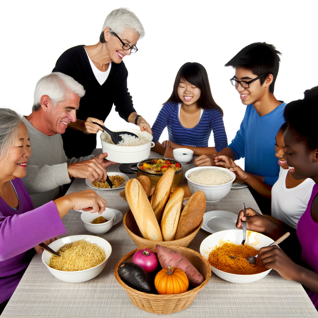 A diverse family gathering around a dinner table set with various traditional staple foods from different cultures - a bowl of steaming rice, a basket of freshly baked bread, pasta, and sweet potatoes. The people are smiling and connecting over their meal, highlighting the cultural and emotional significance of these foods.