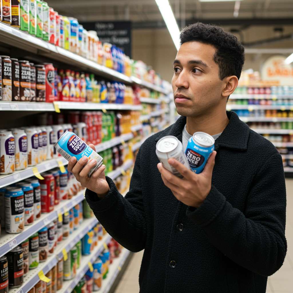 A person in a grocery store aisle looking confused while examining nutrition labels on various 'zero sugar' products. The individual is holding two similar products - one labeled 'zero sugar' and one regular - comparing the ingredient lists with a thoughtful expression. The grocery shelf around them displays colorful packaging with prominent 'sugar-free' and 'no added sugar' claims.