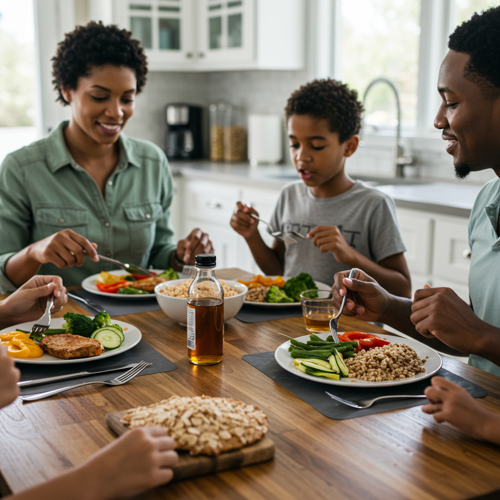 A diverse family enjoying a well-structured meal together in a bright kitchen. The table displays plates with vegetables and protein served first, whole grains served on the side, and a small bottle of vinegar visible on the table. Someone in the image could be wearing casual exercise clothes, suggesting their intention to take a walk after the meal. The scene conveys a positive, actionable approach to managing glucose levels through everyday choices.