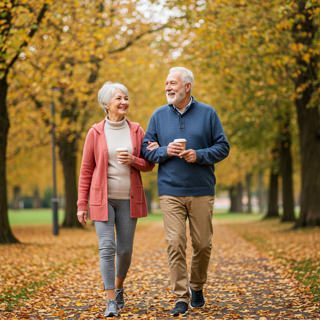 An active senior couple (60s) taking a pleasant 10-minute walk together in a park shortly after finishing a meal. They're smiling and engaged in conversation, wearing comfortable everyday clothes rather than workout gear. The image should convey the accessible, non-intimidating nature of this intervention with natural lighting and autumn colors in the background to create a warm, inviting atmosphere.