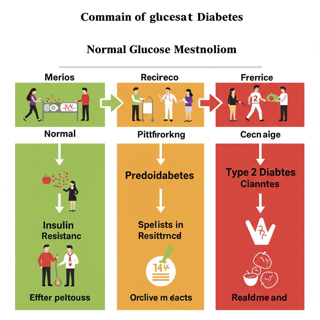 A visually engaging horizontal timeline or continuum showing the progression from normal glucose metabolism to type 2 diabetes. The image shows four stages with subtle color gradation from green (normal) to yellow (insulin resistance) to orange (prediabetes) to red (type 2 diabetes). Small, diverse groups of people are shown at each stage, with those at earlier stages engaged in healthy activities like walking or preparing nutritious meals.