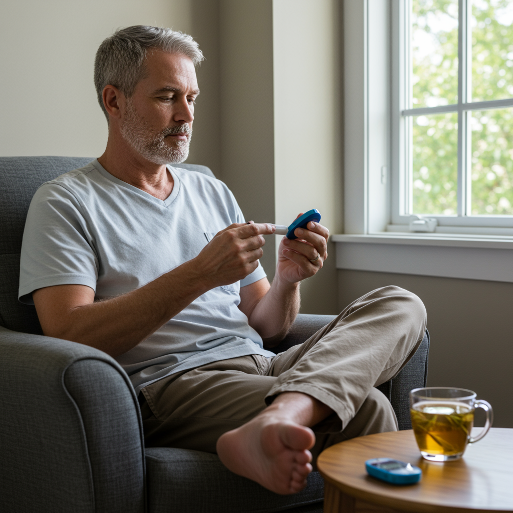 A calm, middle-aged man measuring his blood glucose levels while sitting in a comfortable chair near a window with natural light. He appears relaxed and focused, demonstrating the contrast between a stress-free state and glucose monitoring. A cup of herbal tea sits on a small table beside him, suggesting a mindful approach to diabetes management.