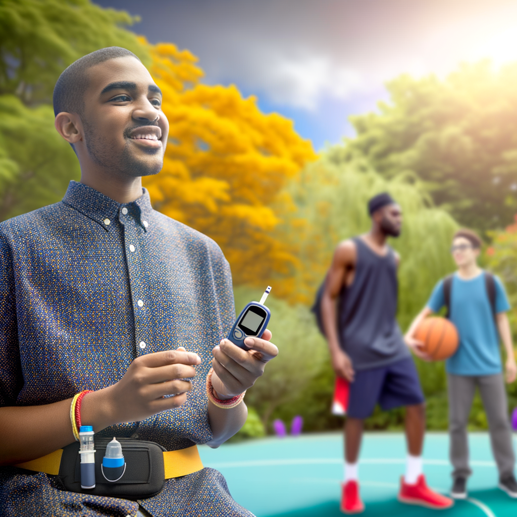 A positive lifestyle image showing a teenager with Type 1 diabetes living an active life. The teen is smiling while checking their glucose monitor before joining friends for a basketball game. A small insulin pump is visible on their waistband. The scene should be bright and optimistic, set in a community park with trees and sunshine, emphasizing that diabetes management integrates into an otherwise normal, healthy life.