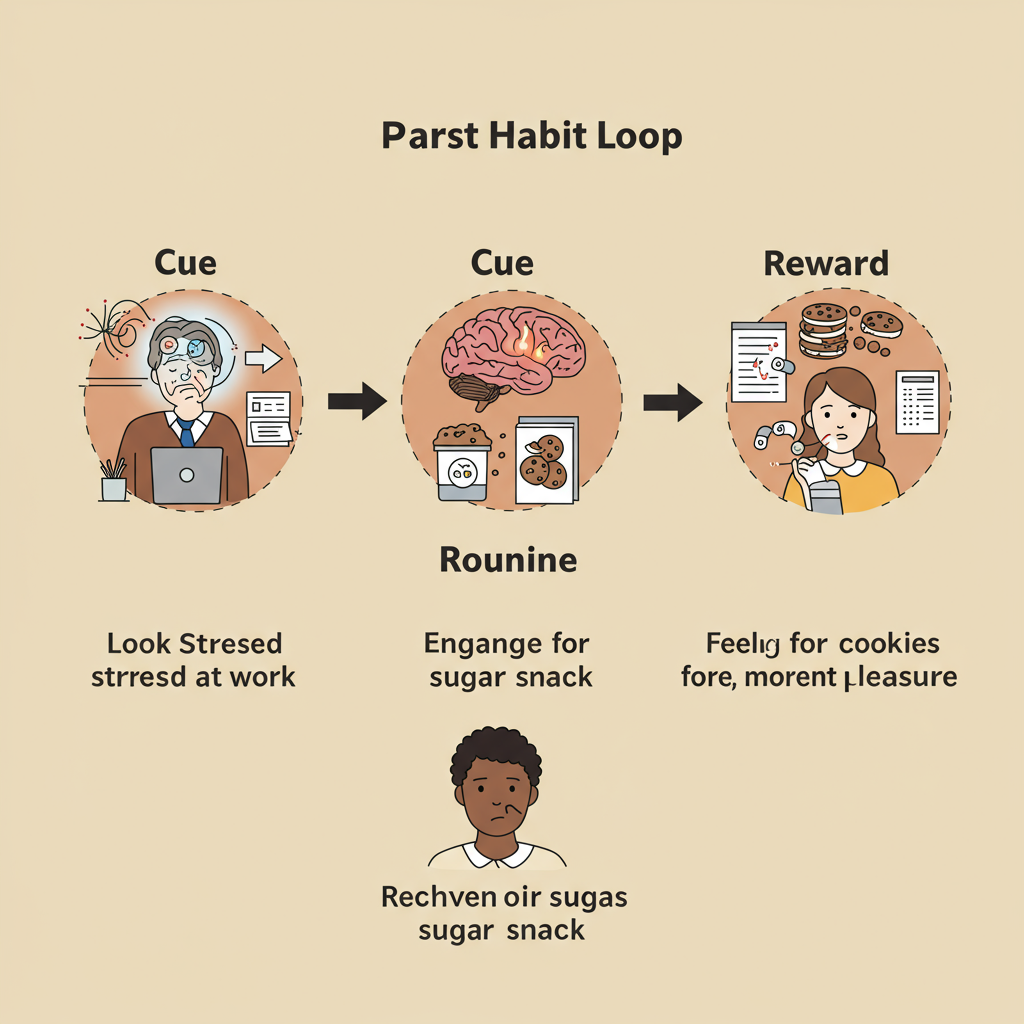 An illustration showing the three-part habit loop with a person experiencing a cue (looking stressed at work), engaging in a routine (reaching for cookies or sugary snack), and receiving a reward (feeling momentary pleasure).