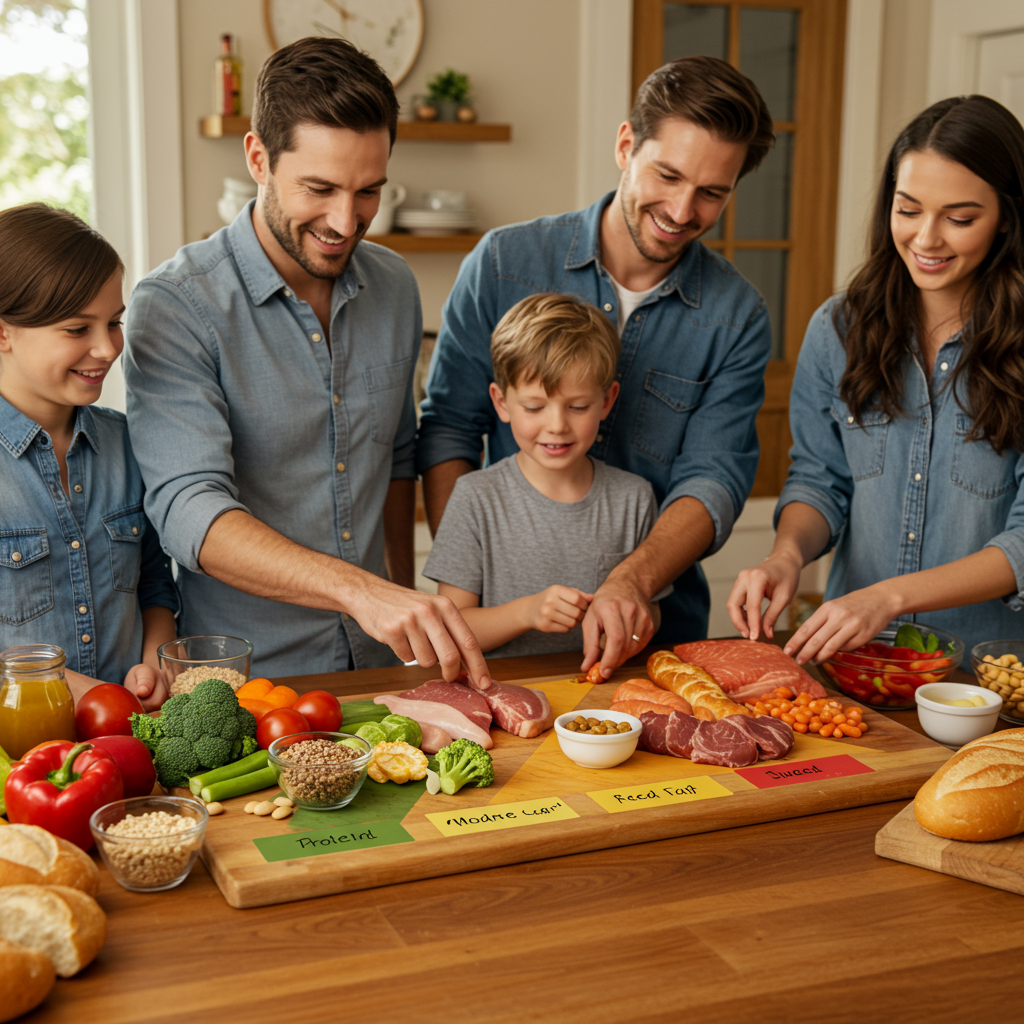 A family preparing dinner together in a warm, inviting kitchen. They're arranging food items on a large wooden cutting board into three visible groups marked with small colored labels (green, yellow, and red). The green section contains vegetables, proteins, and healthy fats; the yellow section has moderate-carb foods like whole grains and certain fruits; and the red section has just a few items like white bread and sweets. Everyone looks happy and engaged in the process, suggesting this is a positive, collaborative approach to healthy eating.