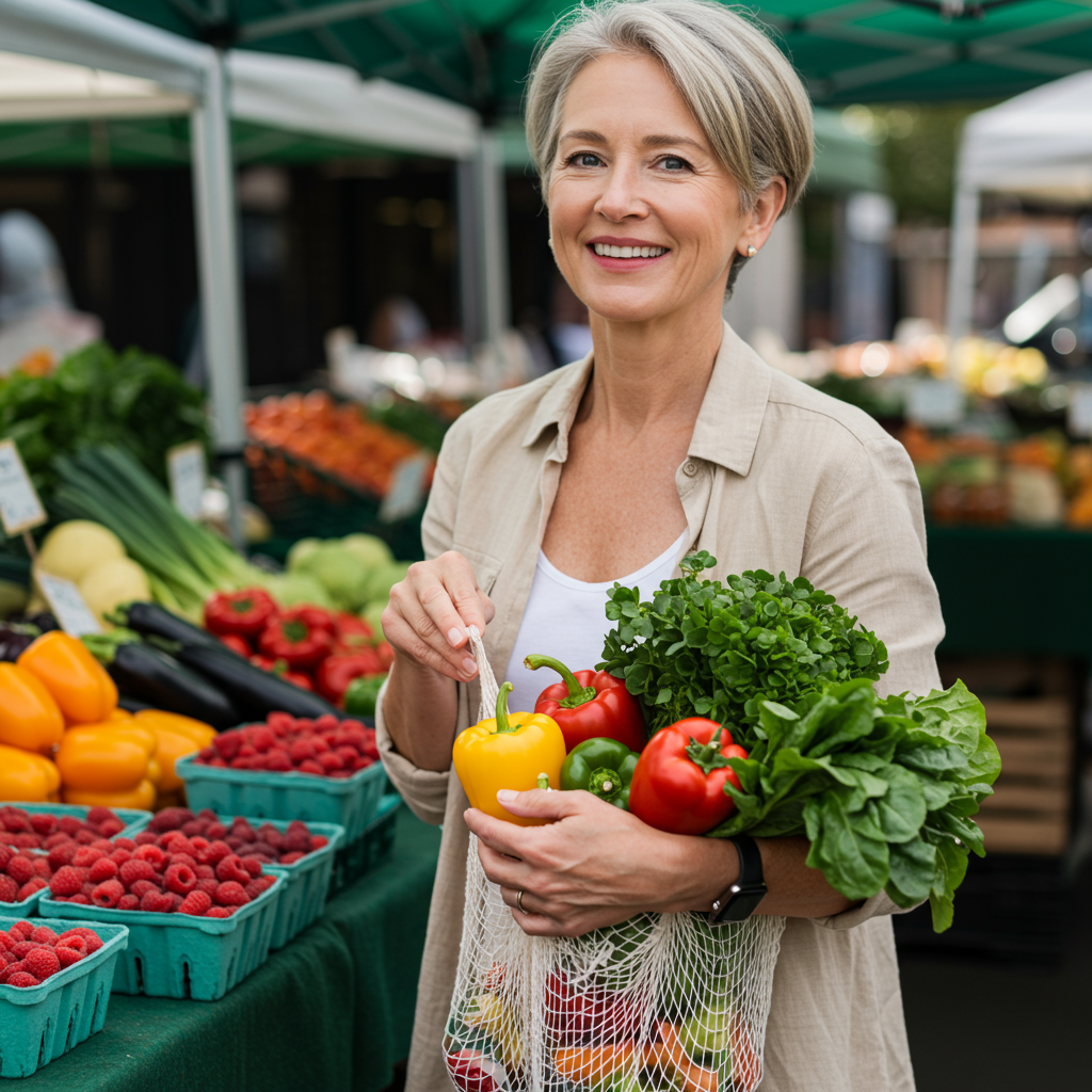Person shopping at farmer's market with fresh produce