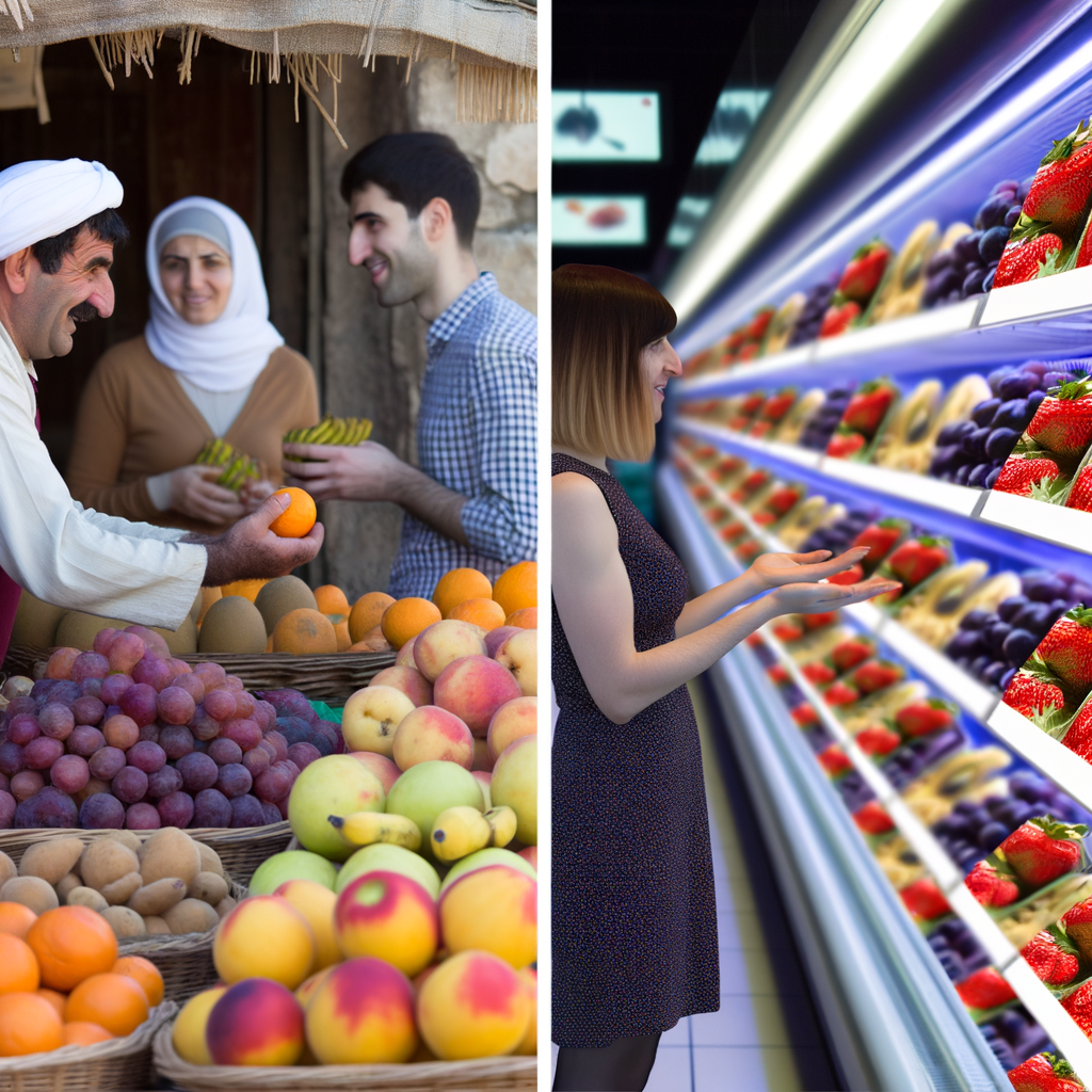 A split-screen comparison showing traditional versus modern fruit consumption.