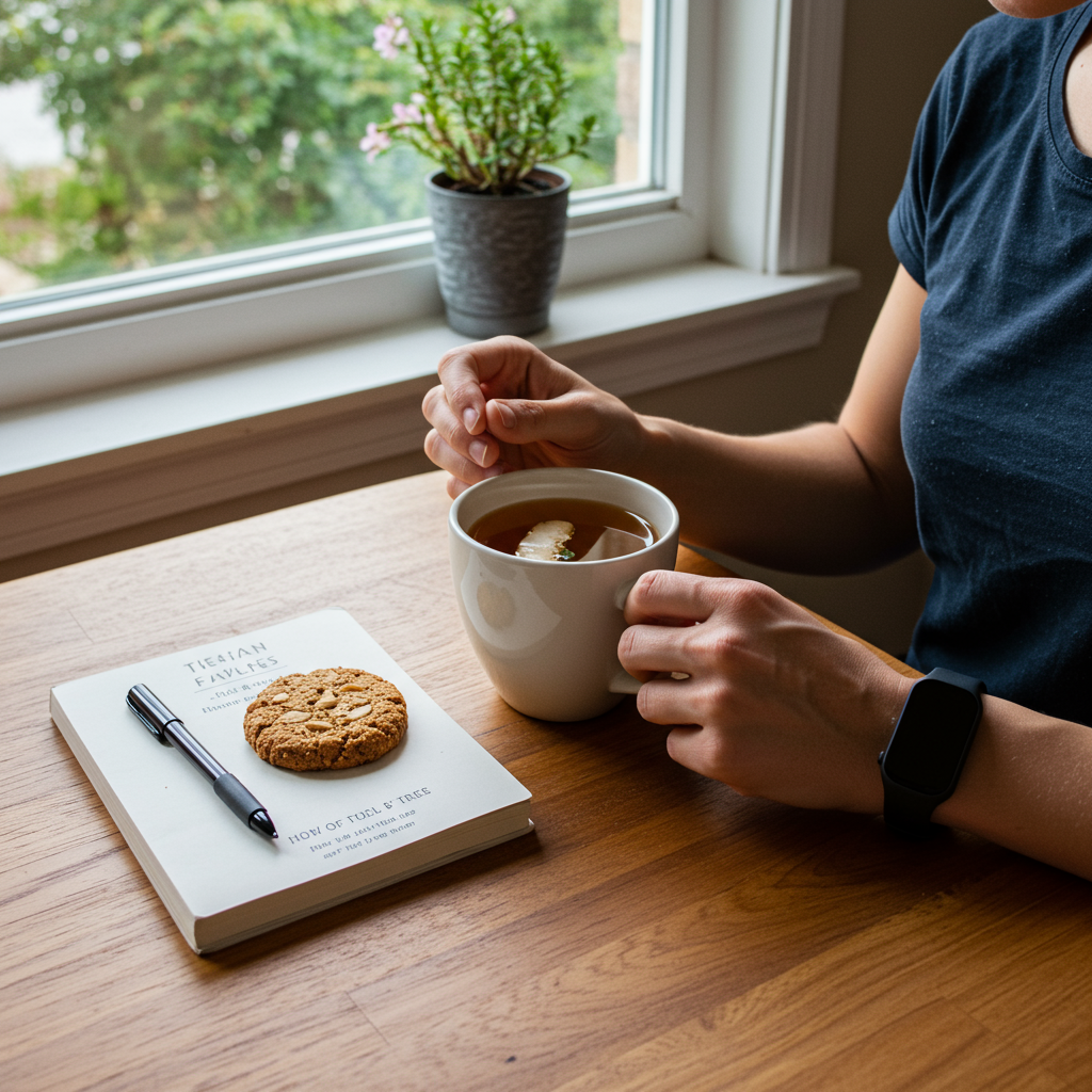 A person enjoying a small portion of almond flour cookie with a cup of herbal tea in a cozy setting. They're sitting at a table near a window with natural light, looking relaxed and content. Next to them is a simple journal where they're noting how they feel after eating. A fitness tracker or watch is visible on their wrist, subtly reinforcing the mindful approach to treats described in the final section. The scene conveys balance and mindful enjoyment rather than restriction.