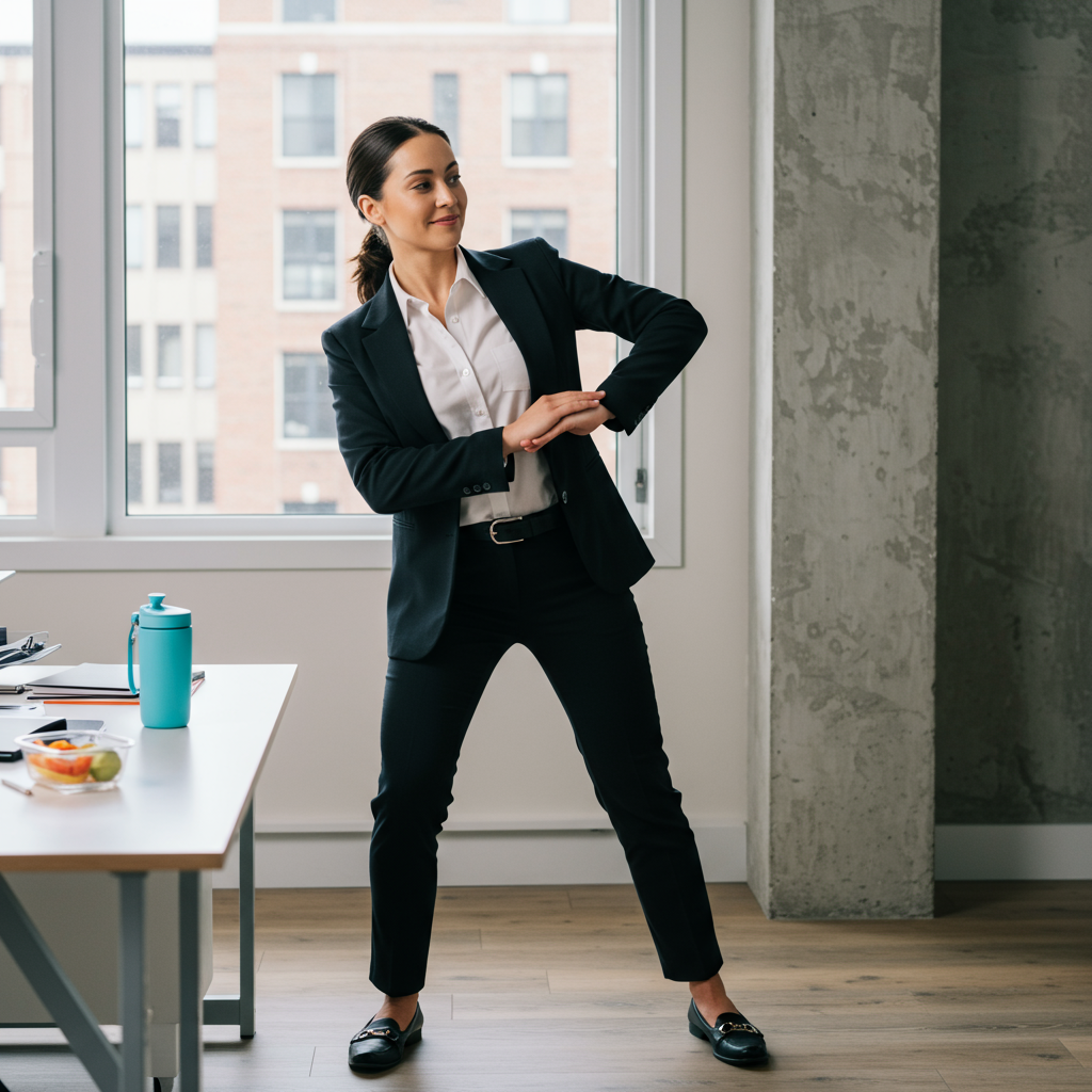 A professional woman in business attire taking a quick 'movement break' at her office, standing up from her desk to do a gentle stretch with a slight smile. The image shows a realistic workspace with a water bottle and healthy lunch visible, representing how movement can be integrated into a busy workday to support blood sugar regulation.