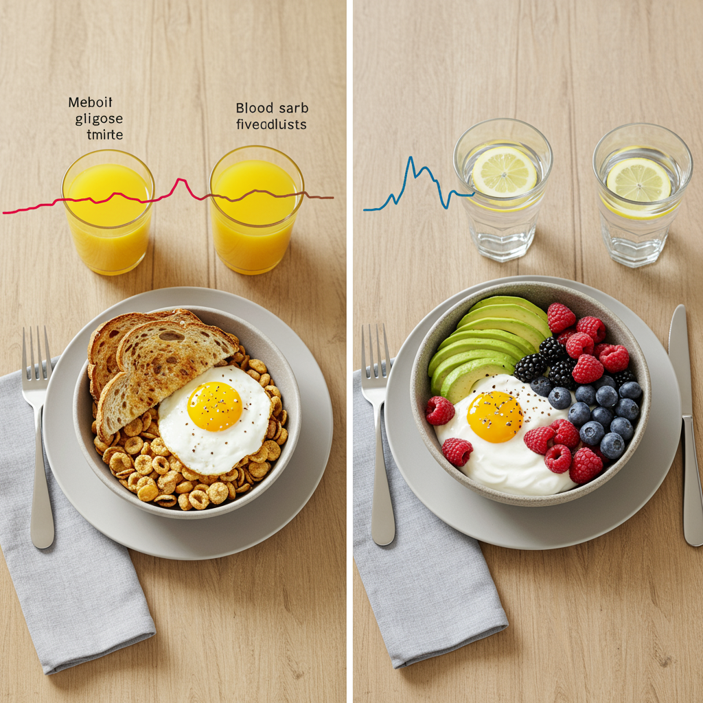 A split-screen comparison showing two breakfast plates: on the left, a traditional high-carb breakfast with toast, orange juice, and sugary cereal; on the right, a blood sugar-friendly alternative with an avocado and egg bowl, berries with Greek yogurt, and a glass of water with lemon. A subtle glucose curve graphic overlay shows a sharp spike above the high-carb meal and a gentler, more gradual rise above the balanced meal. The image has warm lighting and is set on a natural wooden table with a napkin and utensils.