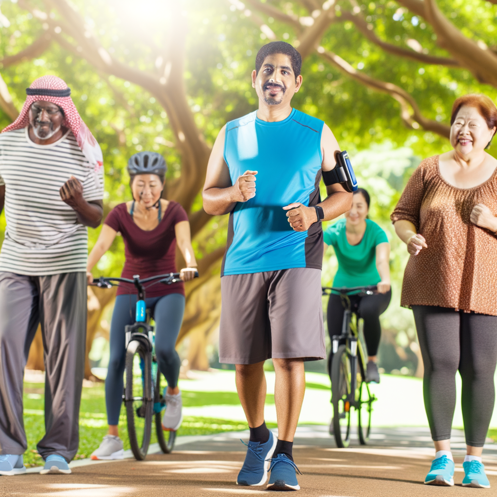 A diverse group of middle-aged adults of different ethnicities exercising together in a park. The scene shows people engaged in various moderate activities - a couple walking briskly on a path, someone cycling, and others stretching. They appear happy and energetic, with sunlight filtering through trees. A person wearing a continuous glucose monitor or insulin pump visible on one participant shows inclusive representation of people with diabetes enjoying physical activity.