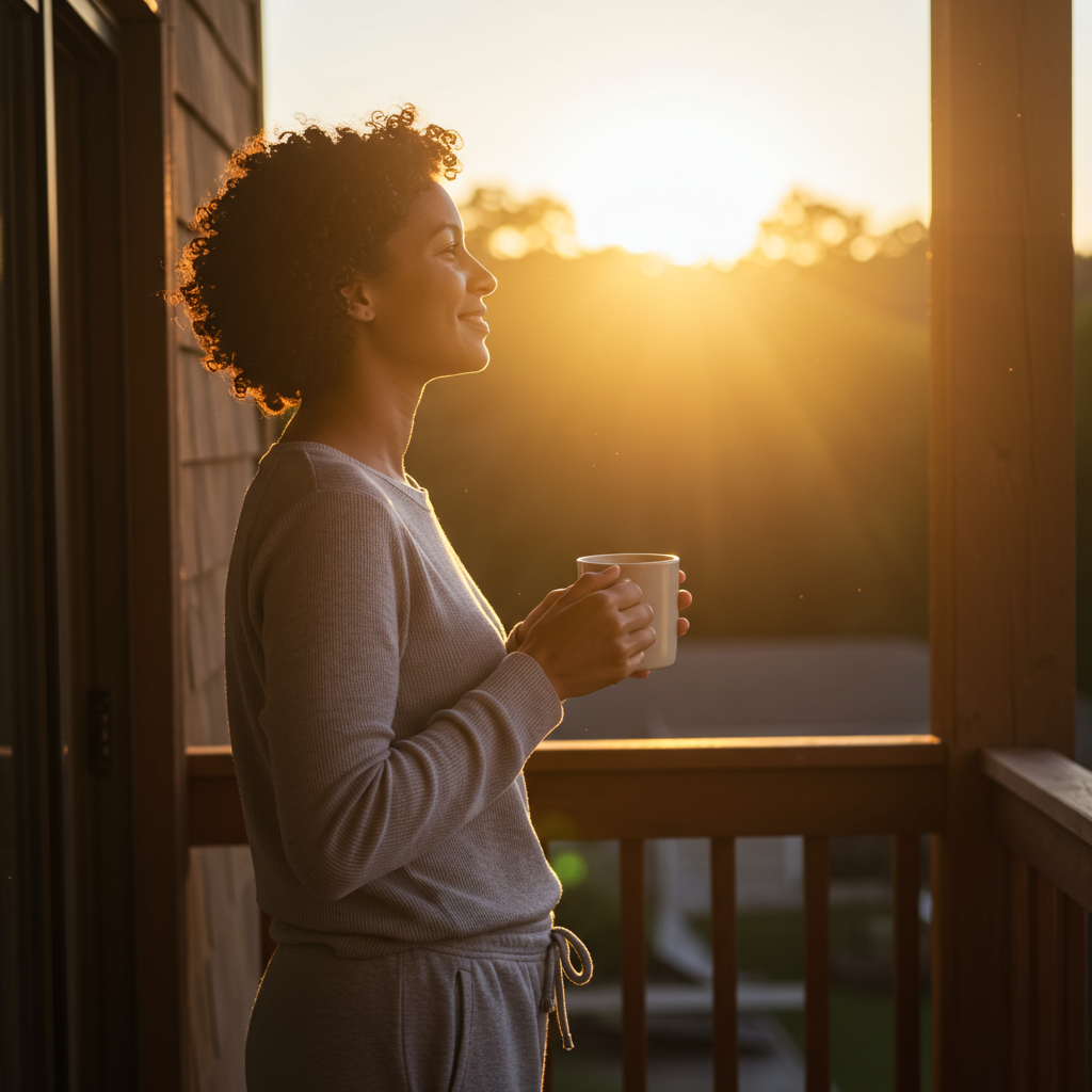 A serene morning scene with a person in comfortable clothes standing on a patio or balcony, face turned toward the rising sun with a gentle smile. They're holding a mug of tea or coffee. The warm golden sunlight bathes the scene, emphasizing the connection between morning light exposure, improved mood, and metabolic health.