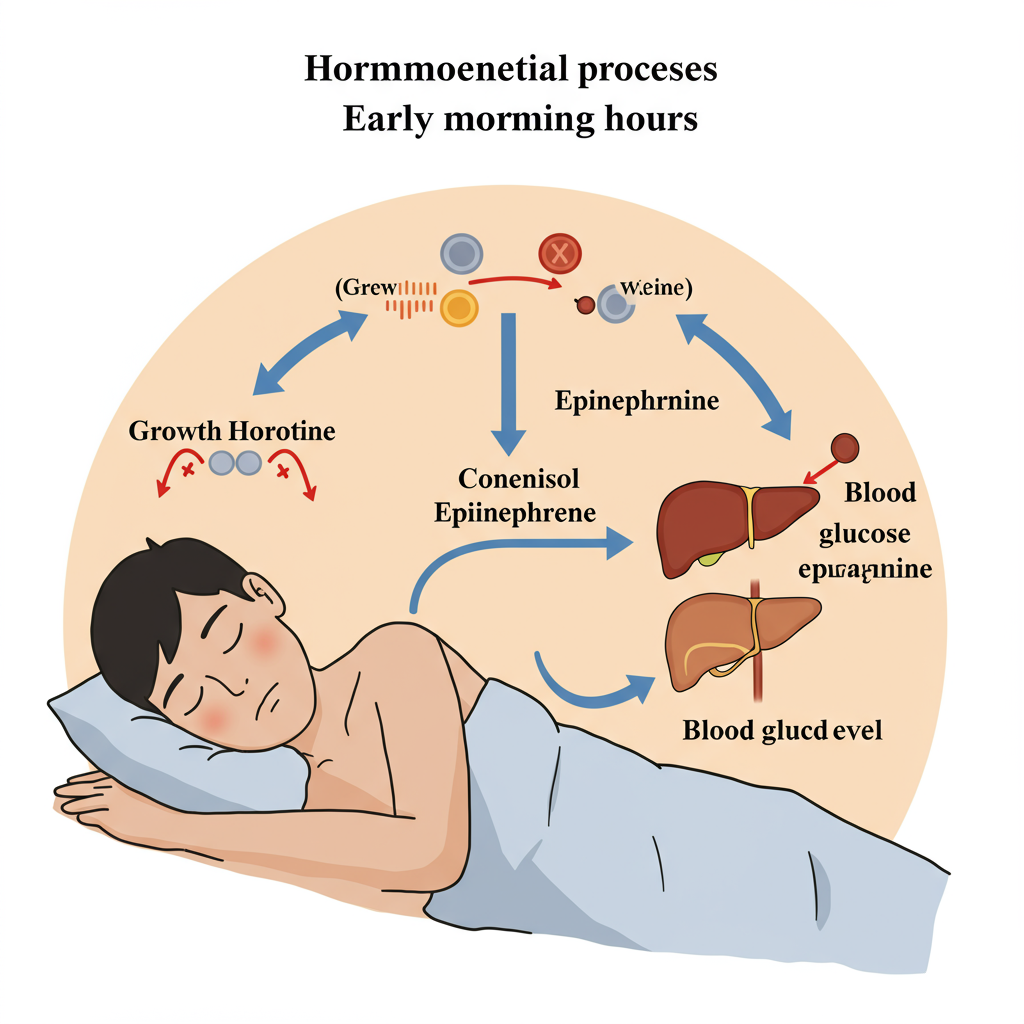An illustrated diagram showing the body's hormonal processes during early morning hours. The image depicts a sleeping person with subtle visual representations of the four key hormones (growth hormone, cortisol, glucagon, and epinephrine) being released. Simple arrows show how these hormones affect the liver and blood glucose levels. The illustration uses a warm color palette and is designed to be educational without being clinical or intimidating.