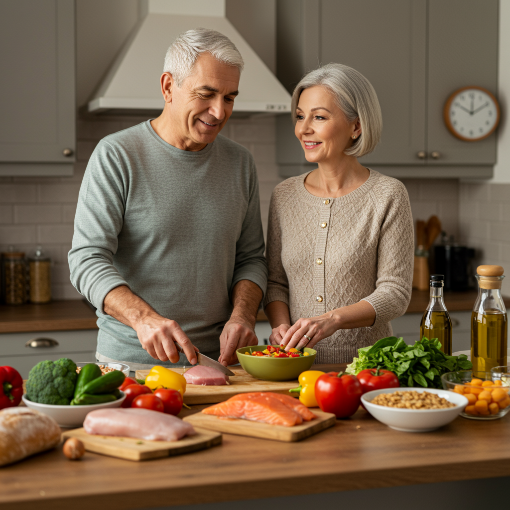A warm, inviting kitchen scene where a middle-aged couple is preparing a colorful, diabetes-friendly meal together. The counter should display fresh vegetables, lean proteins, whole grains, and healthy oils.