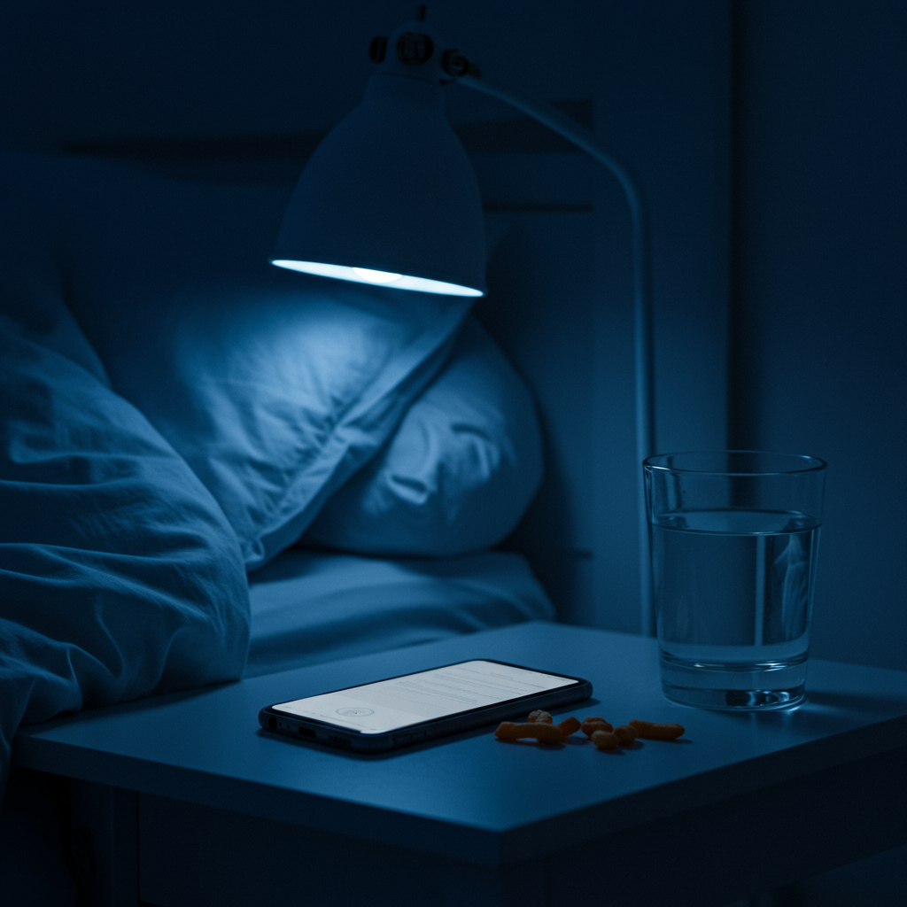 A serene bedroom scene showing healthy sleep habits: a person has turned off electronic devices (perhaps a phone face-down on a nightstand), the room is dimly lit with cool blue tones suggesting evening, and there's a glass of water nearby instead of snacks. The overall mood conveys peaceful, restorative sleep - connecting the concept of nighttime healing and repair mentioned in the text with actionable sleep hygiene practices.