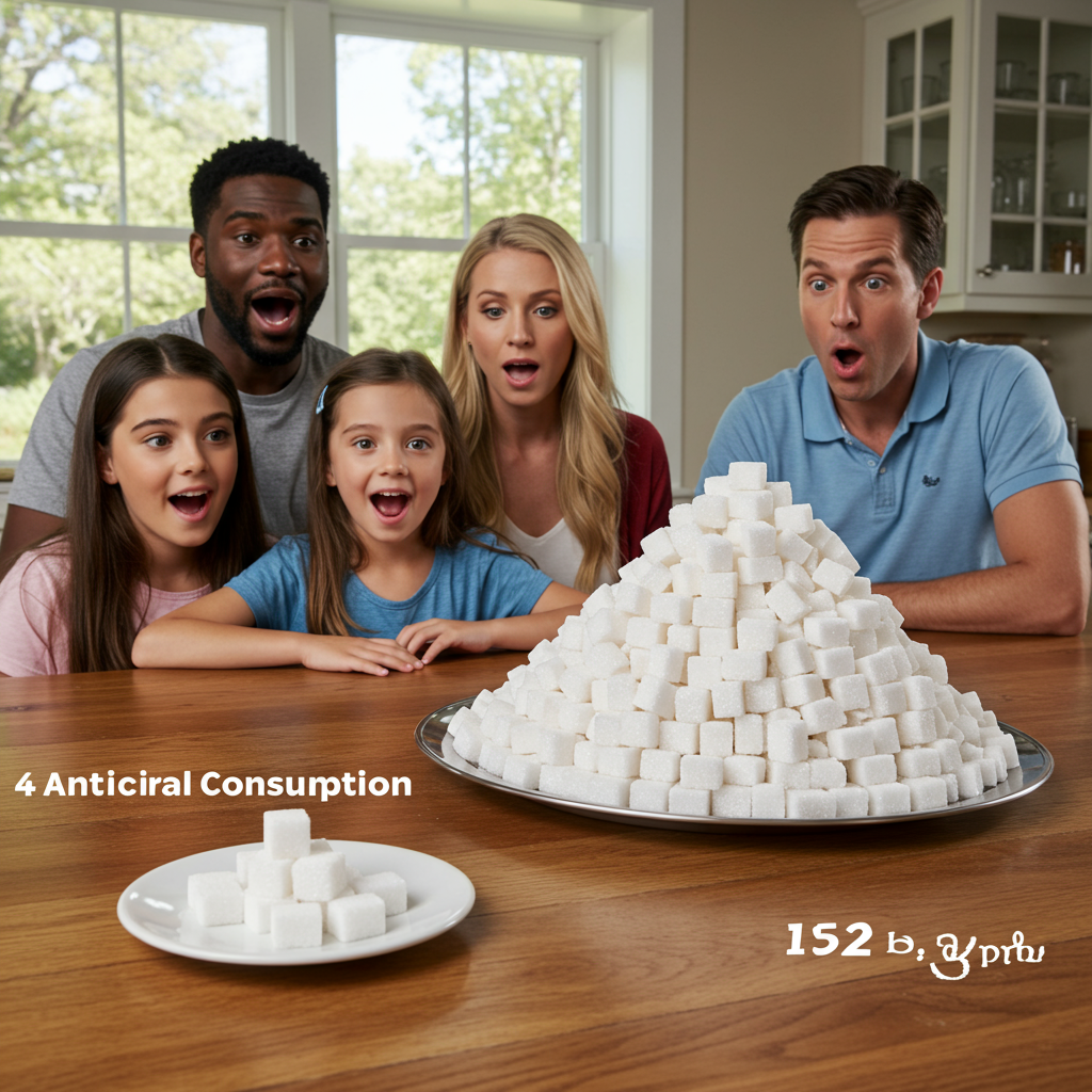 A visually striking comparison between two plates: one small plate containing 4-6 sugar cubes (representing ancestral consumption) next to a mountain of sugar cubes on a large platter (representing 152 pounds). A diverse family of three generations sits at a wooden dining table looking surprised at the display, with natural light streaming through a kitchen window.