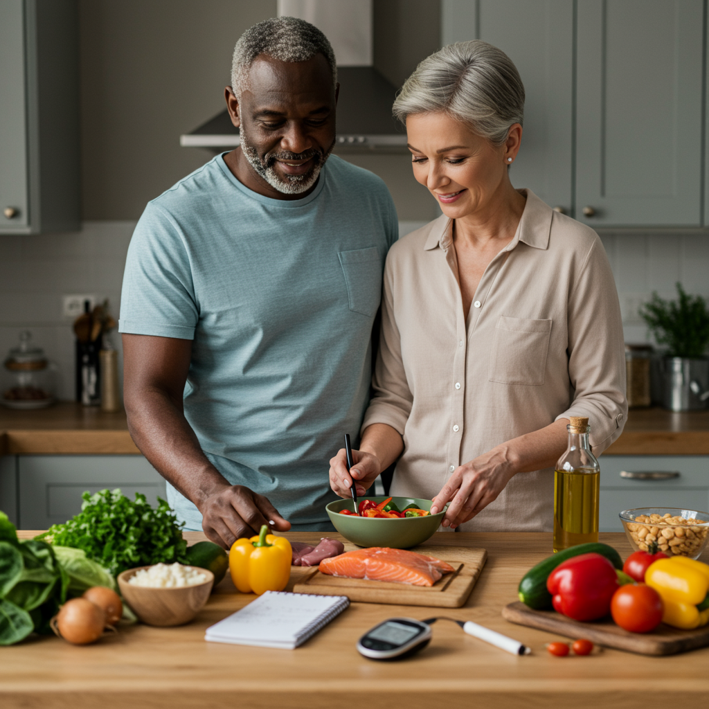 Diverse middle-aged couple preparing healthy meal in kitchen