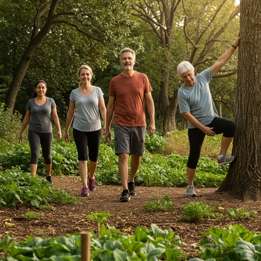 An inspiring image of a diverse group of people engaged in natural movement activities outdoors. A middle-aged man and woman are walking on a nature trail, a younger person is tending to a garden, and an older individual is stretching near a tree. The scene is bathed in warm, natural light, emphasizing how everyday movement can be integrated into modern life in ways that honor our ancestral patterns. Their faces show expressions of enjoyment and vitality rather than the strain of forced exercise.