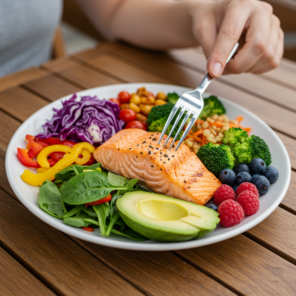 A close-up view of a colorful, anti-inflammatory meal on a wooden table. The plate contains grilled salmon, a variety of colorful vegetables (like bell peppers, leafy greens, and purple cabbage), avocado slices, and a small bowl of berries. A hand could be visible reaching for a fork, suggesting active participation in healthy eating. Natural light should illuminate the scene, highlighting the vibrant colors of the nutrient-dense foods that help combat inflammation.