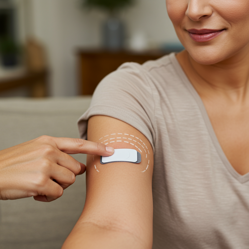 A close-up image of a person's arm showing proper CGM sensor placement on the back of the arm, with a gentle hand pointing to the ideal location with adequate subcutaneous tissue. The person has a calm, satisfied expression, suggesting comfort with their device placement. The setting is warm and homely with soft natural lighting.