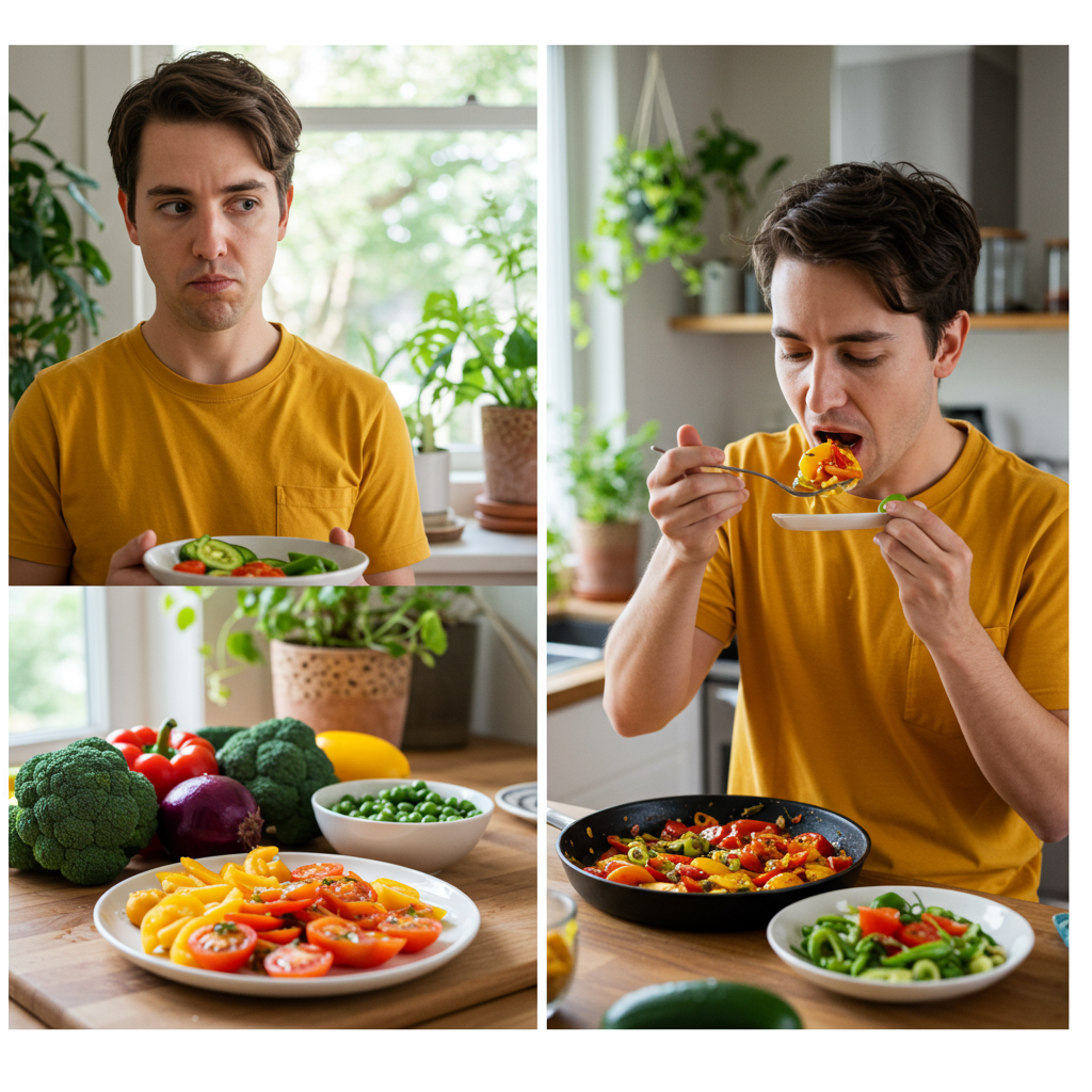A series of three side-by-side images showing a transformation: first image shows a person looking skeptically at a plate of vegetables; middle image shows the same person cooking a colorful meal from scratch in a bright kitchen; final image shows them savoring and enjoying a bite of their homemade meal with visible satisfaction. Plants and natural elements in the background create a warm, inviting atmosphere.