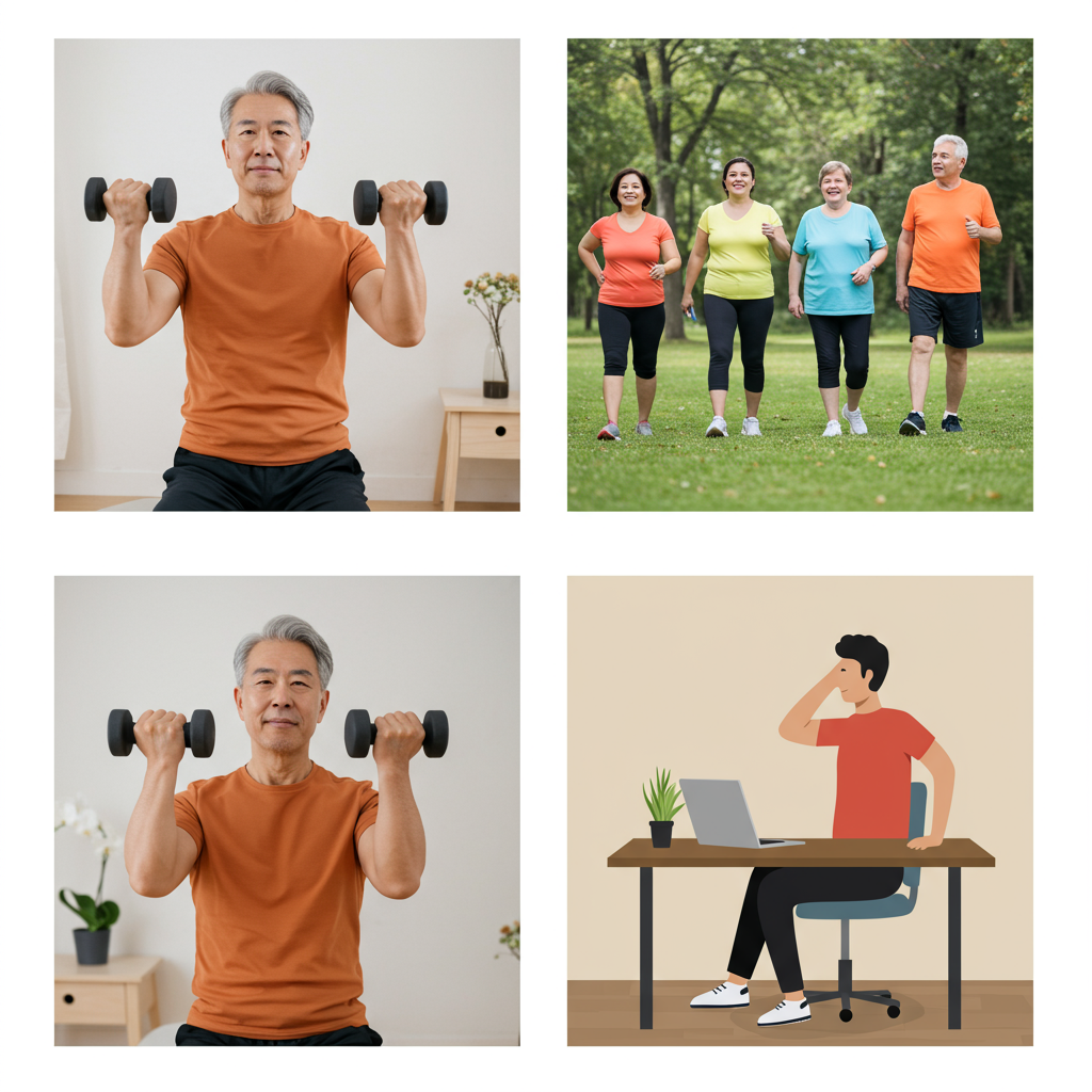 A series of three connected images showing: 1) A middle-aged man doing simple resistance training with dumbbells at home with a determined expression, 2) A small group of diverse adults of various body types enjoying a moderate-paced walk in a park, talking and smiling, and 3) A person taking a brief standing stretch break from desk work, looking refreshed and energized.