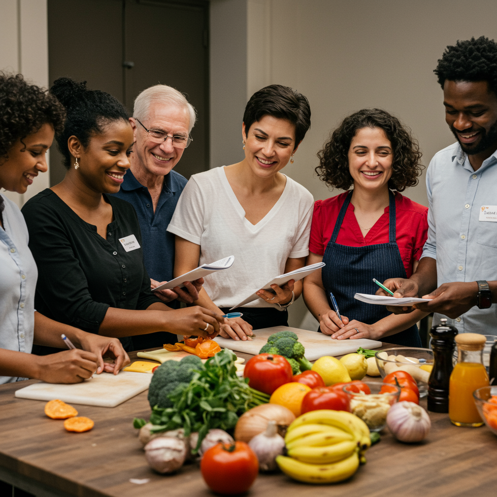 An uplifting image of a diverse group of people (varying in age, gender, and ethnicity) participating in a community diabetes prevention program. They're engaged in a cooking demonstration with healthy ingredients spread across a table. Participants are smiling, taking notes, and showing engagement, conveying hope and community support rather than isolation or worry about diabetes.