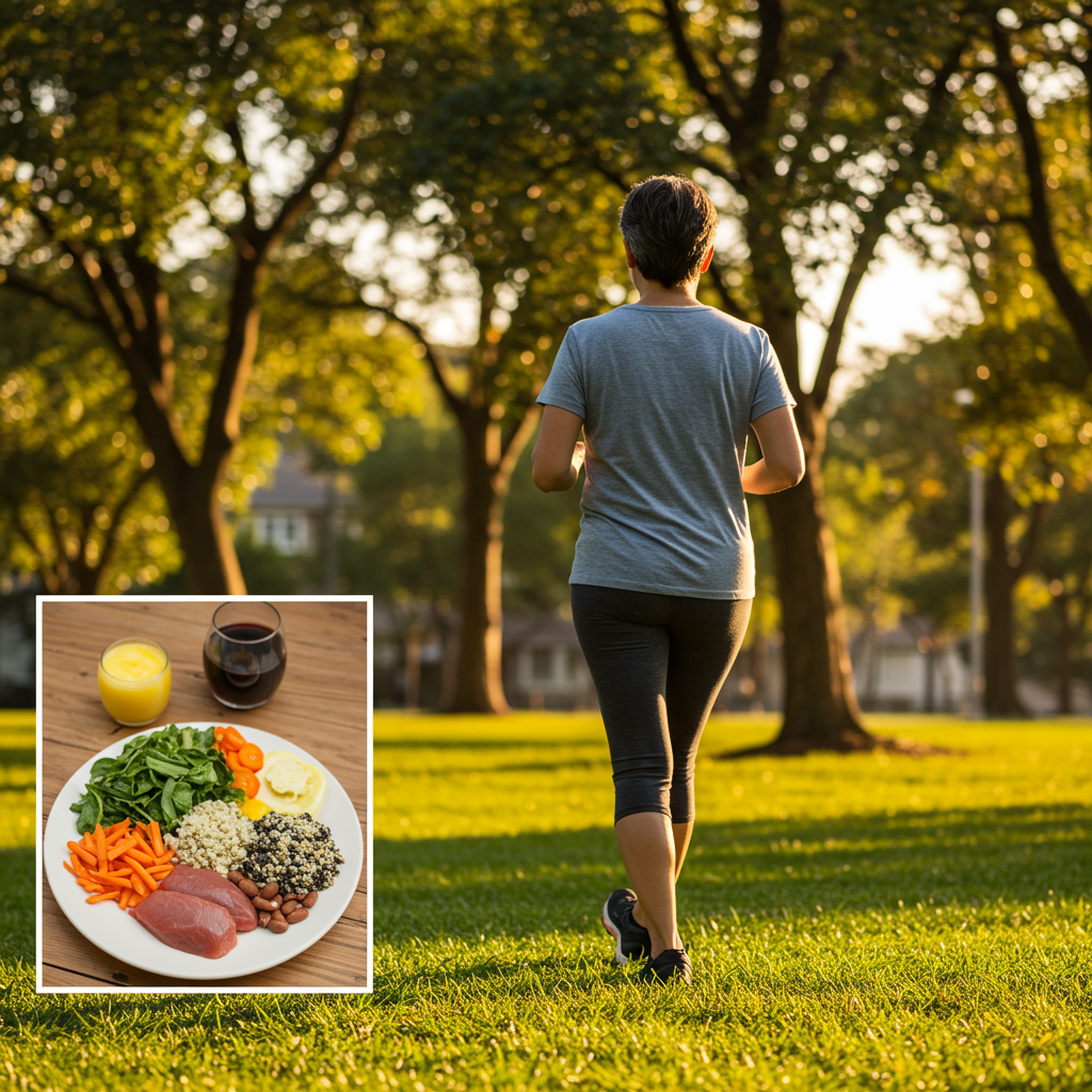 Person taking post-meal walk with inset of balanced meal