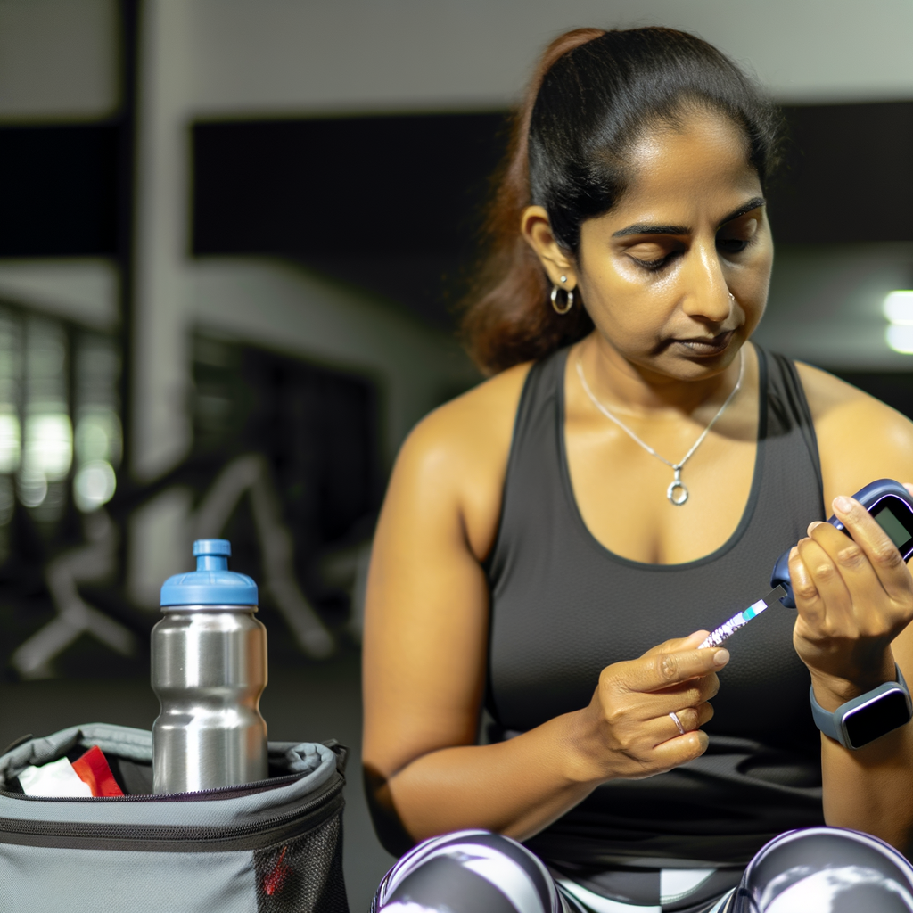 A close-up image of a person checking their blood glucose with a monitoring device before or after exercise. The person should be sitting on a bench at a park or gym, wearing workout clothes, with a water bottle and small bag containing diabetes supplies nearby. Their expression should show focus and responsibility rather than worry, emphasizing the routine nature of monitoring as part of an active lifestyle.