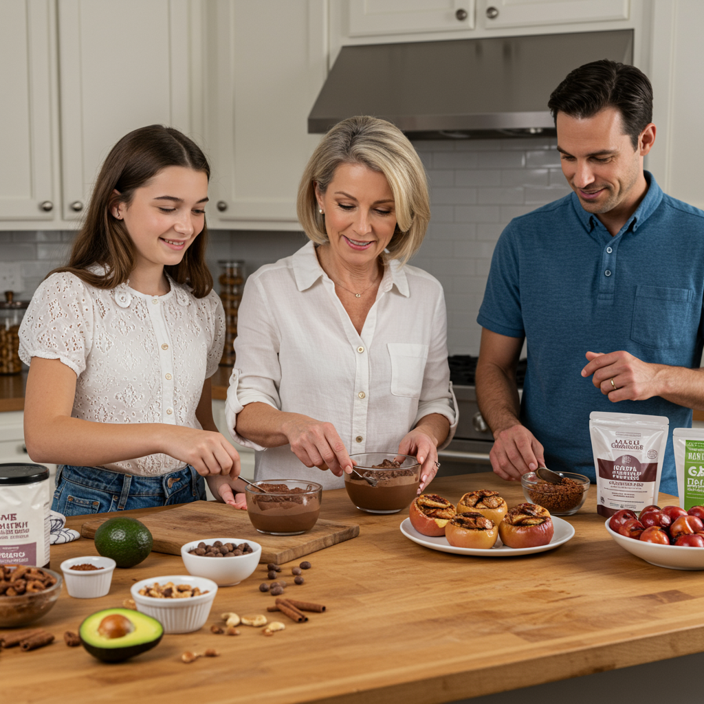 A warm, inviting kitchen scene where a family is preparing diabetes-friendly desserts together. A middle-aged woman is showing her teenage daughter how to make the avocado chocolate mousse, while another family member is arranging baked cinnamon apples on a serving plate. The kitchen counter displays wholesome ingredients like avocados, raw cacao, monk fruit sweetener, nuts, and fresh berries. Everyone appears engaged and happy, emphasizing that healthy desserts can still be a joyful part of family life.