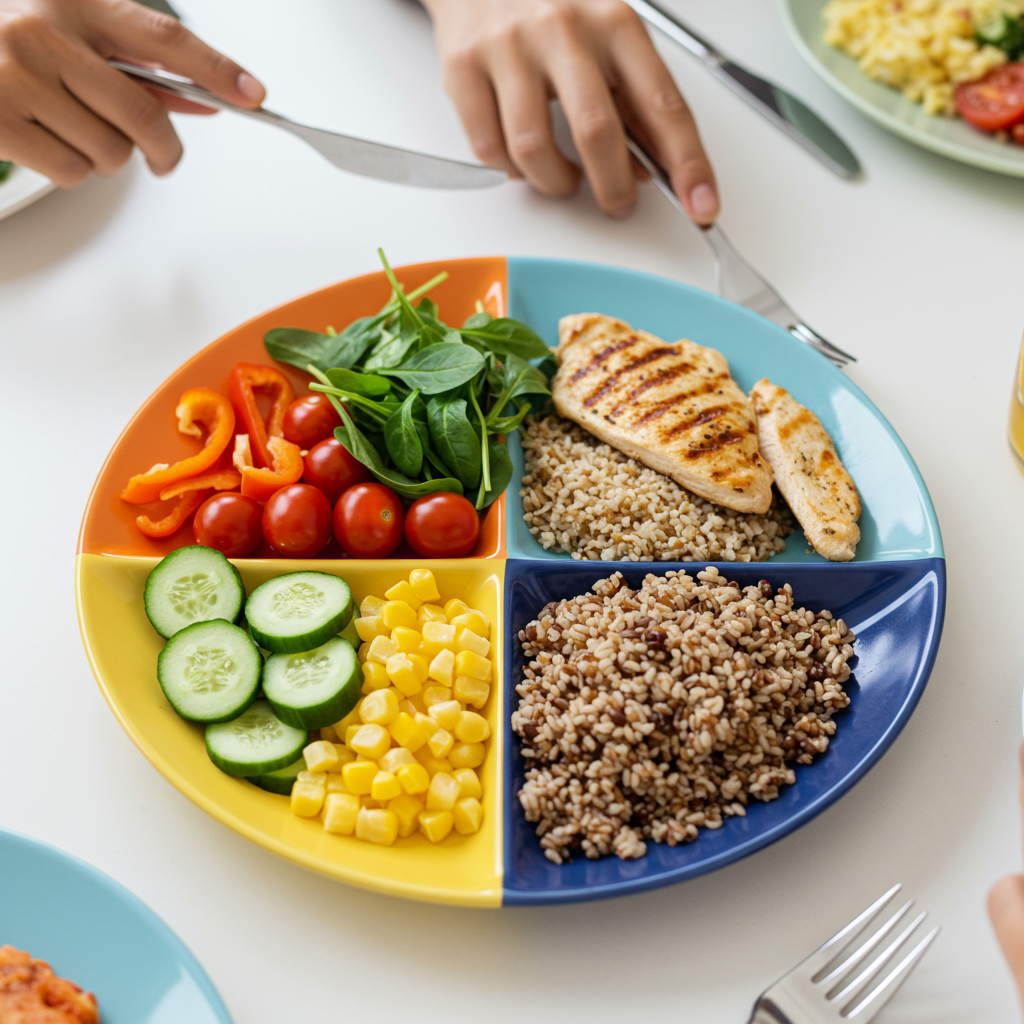 A well-arranged colorful plate showing the ideal meal sequence: half filled with vibrant vegetables (leafy greens, bell peppers, cucumber), a quarter with a protein source (grilled chicken or fish), and a small portion of whole grains or starchy vegetables in the remaining section. The meal is being enjoyed by a diverse group of people at a bright dining table, suggesting the social and practical aspects of healthy eating habits.