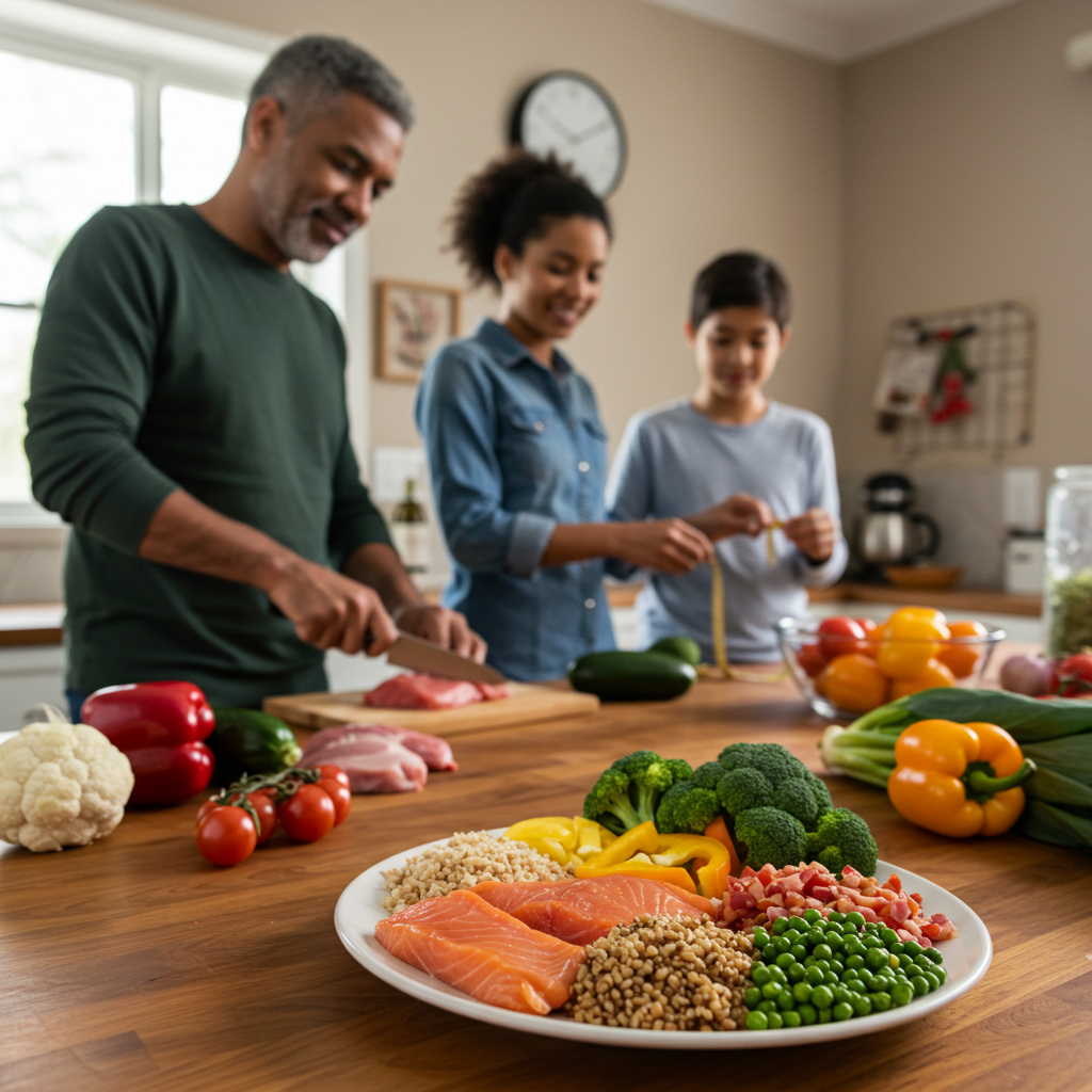 A warm, inviting kitchen scene showing a diverse family preparing a colorful, nutrient-dense meal together. A middle-aged man is chopping vegetables while a woman is measuring protein portions. On the counter sits a plate with a balanced meal arrangement - proteins, healthy fats, and fiber-rich vegetables taking up most of the space, with a small portion of whole grains. A wall clock visible in the background subtly indicates meal timing awareness.