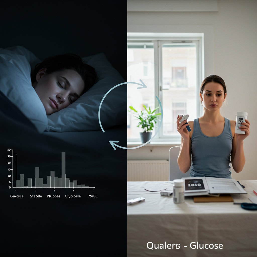 A split-screen image showing the sleep-glucose connection: on one side, a peaceful person sleeping soundly in a dark room with a small graph showing stable glucose levels; on the other side, the same person awake and energetic during daytime activities. A subtle connecting arrow between the two scenes illustrates the bidirectional relationship between quality sleep and balanced blood sugar levels.