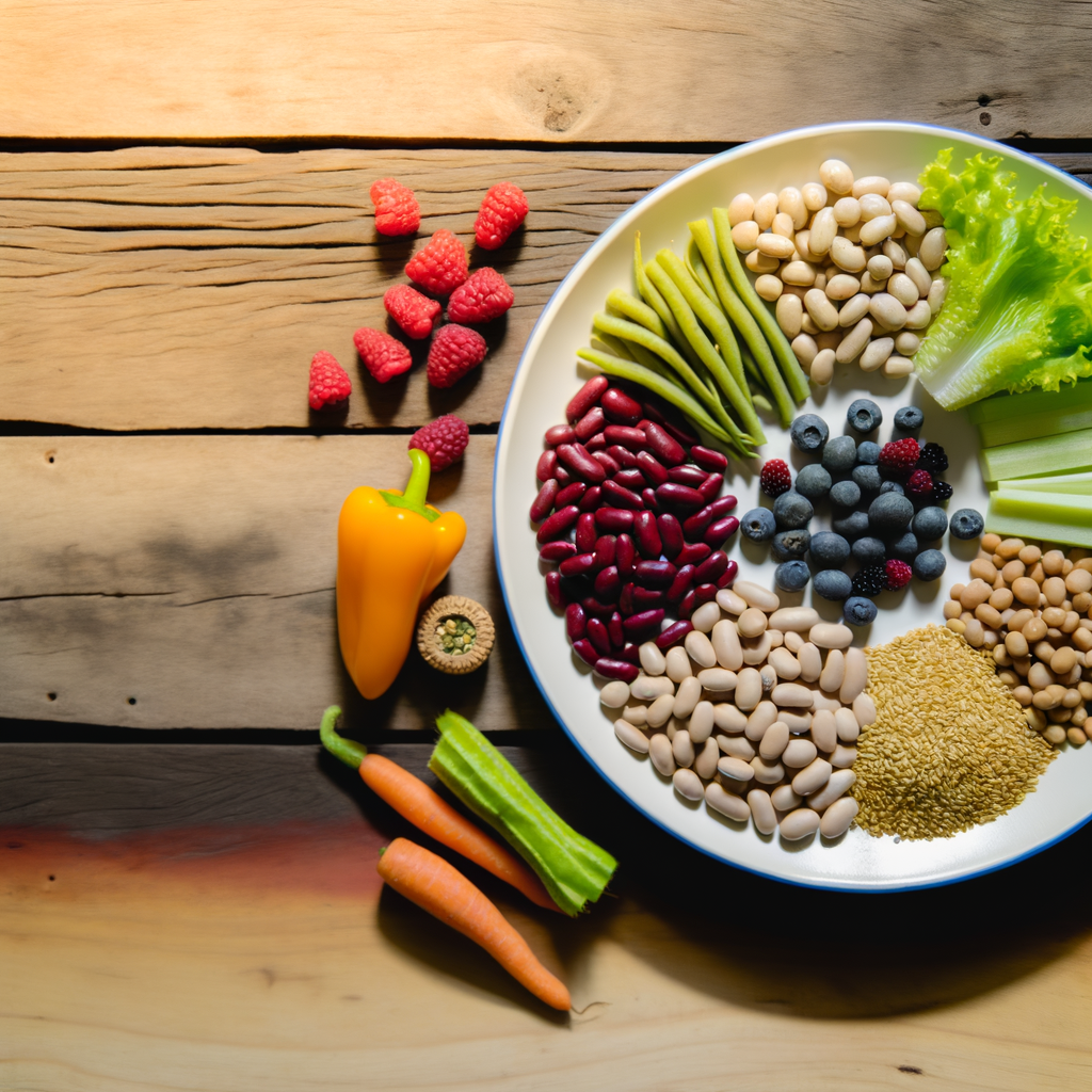 A colorful, appetizing flat-lay photograph of a meal rich in fiber. The plate should contain a variety of beans, legumes, vegetables with skins, whole grains, and perhaps some berries. The food should be arranged on a rustic wooden table with natural lighting, suggesting a wholesome, home-cooked approach to nutrition.