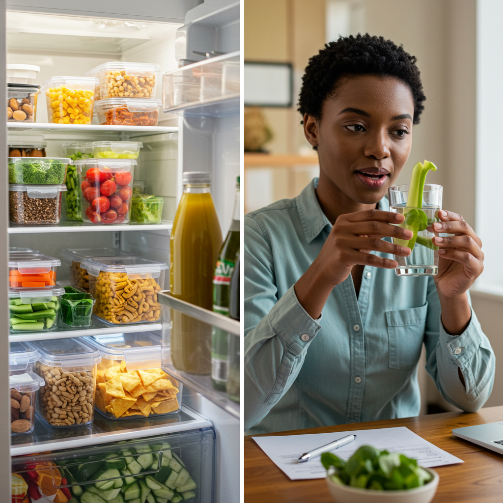 A split-screen image showing a person successfully implementing healthy habit substitutions.