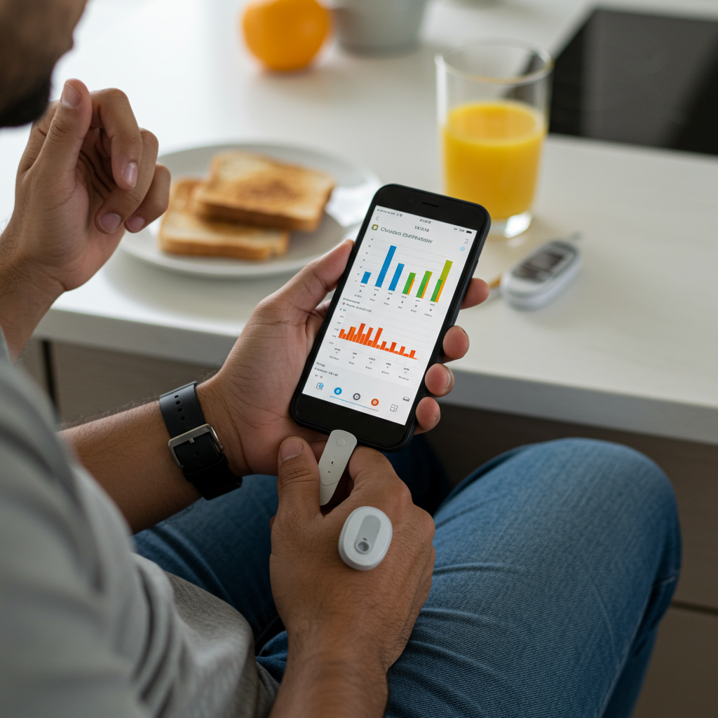 A person in casual clothing looking thoughtfully at their smartphone displaying a glucose monitoring app with colorful graphs and data trends. They're sitting at a bright kitchen counter with a half-eaten breakfast of toast and orange juice visible in the frame. A small CGM sensor is visible on their upper arm, and their expression shows a moment of realization as they connect their food choices with the data on screen.
