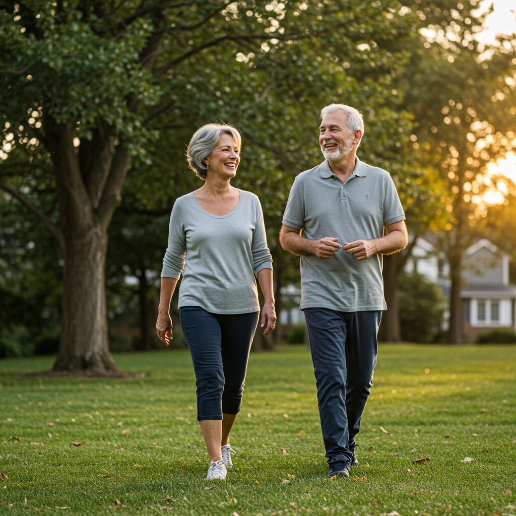 A middle-aged couple taking a leisurely evening walk in a neighborhood park after dinner. They're smiling and engaged in conversation, wearing comfortable clothing and walking shoes. The setting sun casts a warm glow over the scene, emphasizing the accessible, enjoyable nature of this blood-sugar balancing activity that anyone can incorporate into their routine.