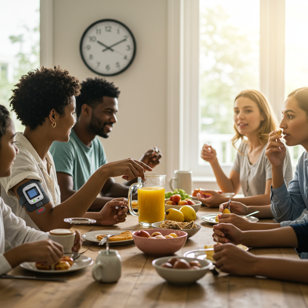 A diverse family enjoying a nutritious breakfast together at a consistent mealtime. The scene shows people of different ages gathered around a table with healthy food options like whole grains, fruits, and proteins. One person is wearing a continuous glucose monitor visible on their arm, but they're engaged in natural conversation with others. Sunlight streams through windows, indicating morning time, and a wall clock is subtly visible, emphasizing the theme of regular meal timing and circadian rhythms.
