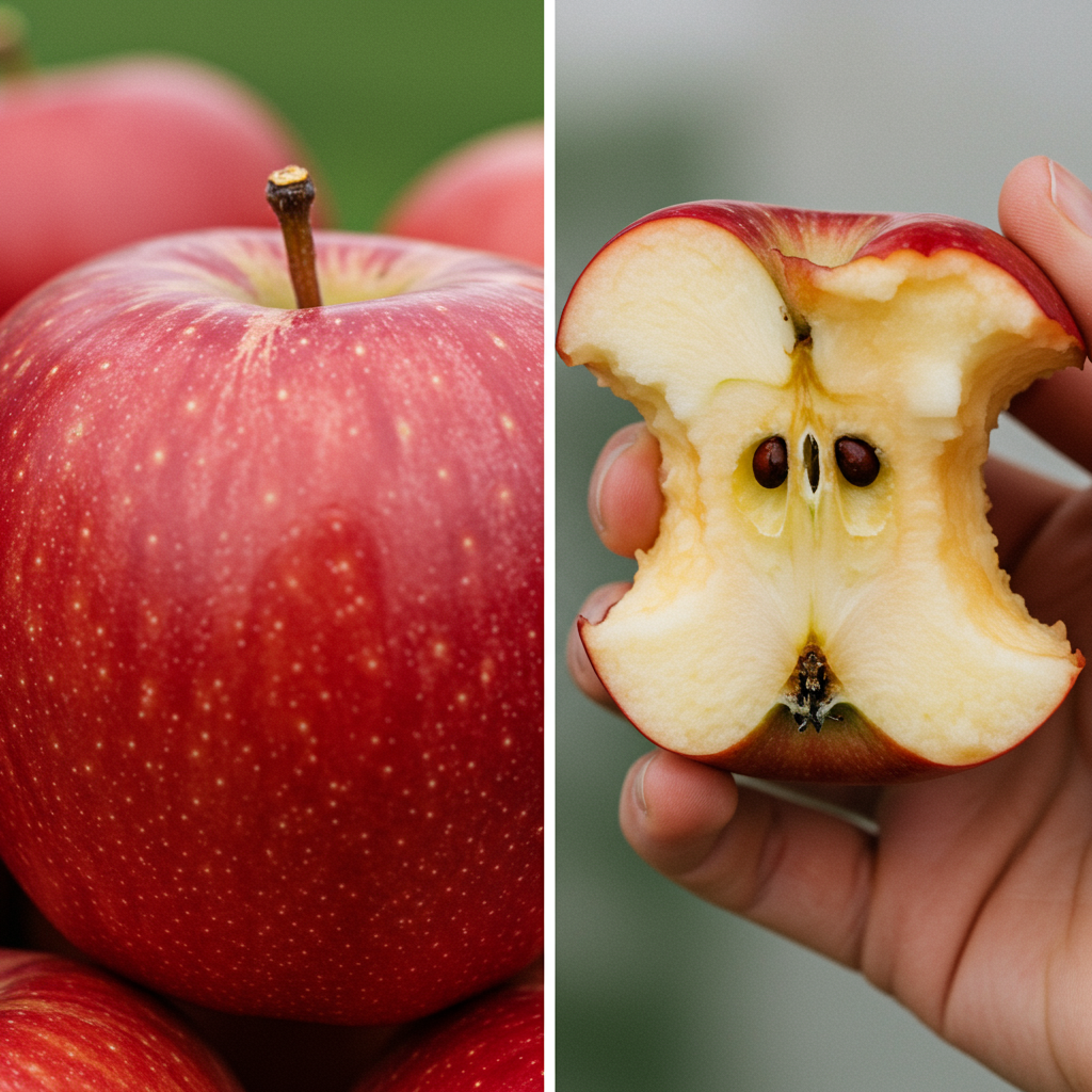 A split-screen comparison showing a whole red apple with a visible fibrous structure on the left, and a cross-section revealing its complex internal matrix. On the right, a hand holding a partially eaten apple with bite marks. The image should be bright, in a natural setting with soft lighting, emphasizing the wholesome nature of intact fruit.