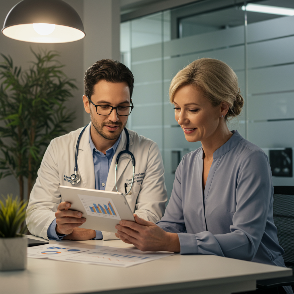 A warm, encouraging scene of a healthcare provider and patient reviewing health progress together. They are looking at a tablet or chart showing improving biomarker trends (visible graphs trending in positive directions). The provider has a hand on the patient's shoulder in a supportive gesture, and both are smiling. The office environment should appear modern but comfortable, with plants and natural elements visible, representing the holistic approach of functional medicine. The lighting should be warm and the atmosphere positive, conveying hope and partnership in health management.