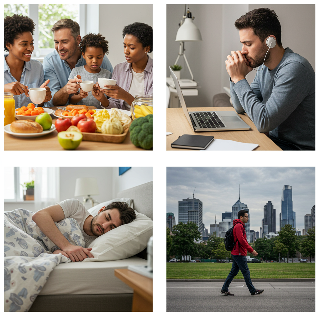 A split-screen lifestyle image showing four everyday inflammatory triggers